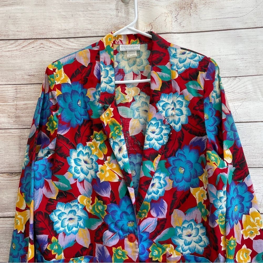 VINTAGE ECCOBAY LIGHTWEIGHT COTTON‎ BLAZER IN TROPICAL PRINT - Picture 2 of 5